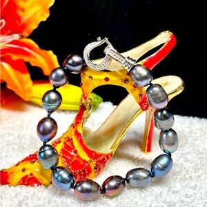Elegant 12mm Black Rice natural freshwater Pearl Bracelet